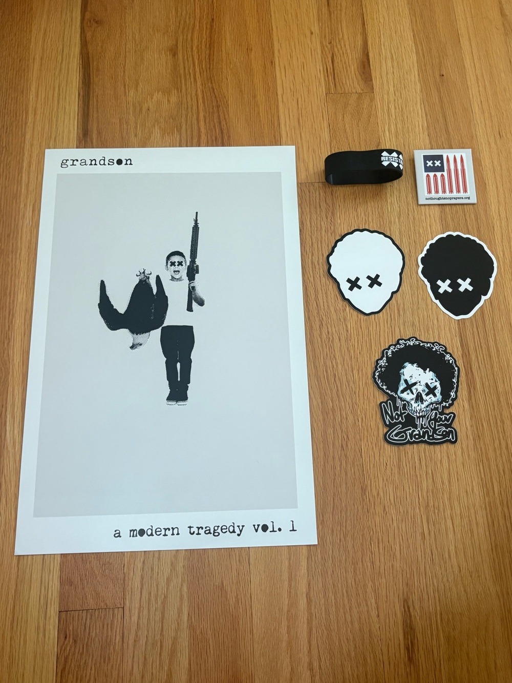 Grandson band bundle - double-sided poster, stickers, button and wristband